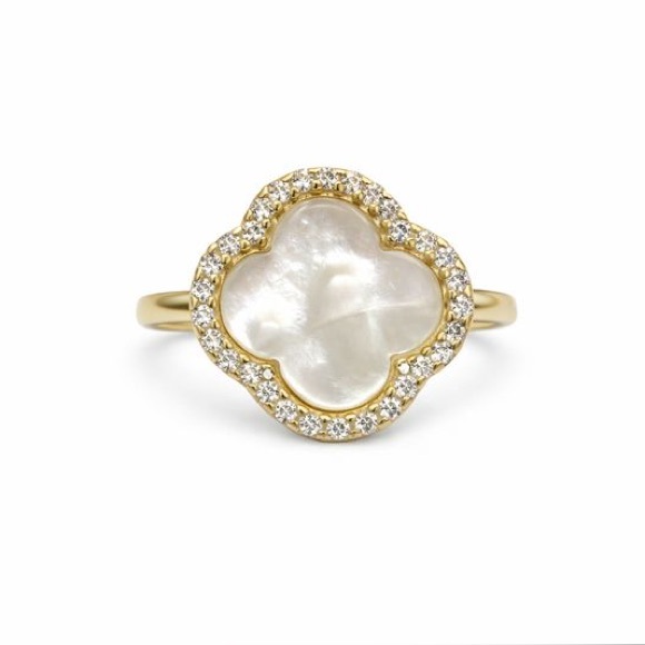 Venus and Vulcan Jewelry - S925 Emma Gold Mother of Pearl Pavé Clover Ring
